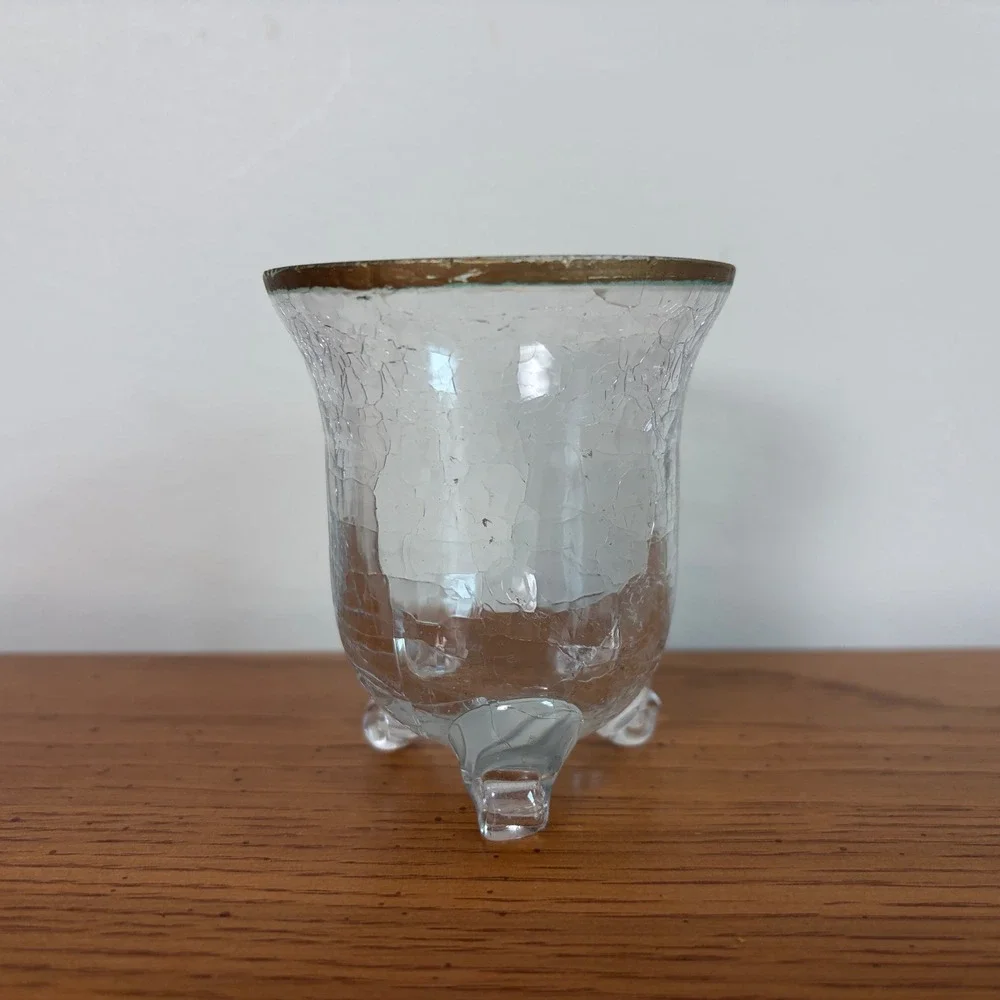 Vintage Clear Crackle Glass Footed Votive Holder Gold Rim Tripod Base